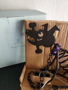Partylite P8280 Sticks Candle Holder Black Metal Skelton Dog With Chain